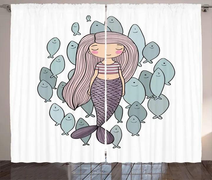 Cartoon Girl With Fish Printed Window Curtain Door Curtain