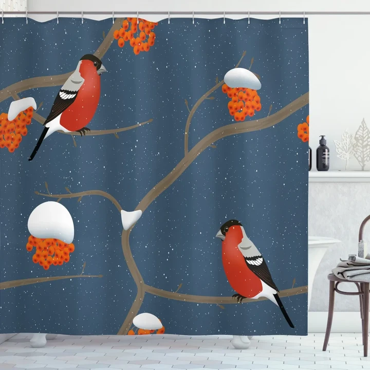 Snowy Tree Branches Birds Pattern Printed Shower Curtain Home Decor