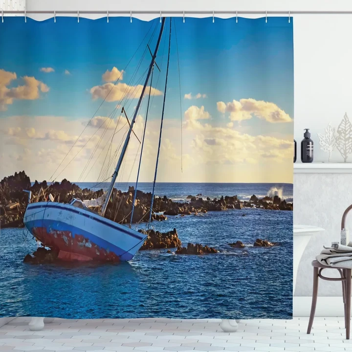 Yacht On Rocks Harbor Pattern Printed Shower Curtain Home Decor