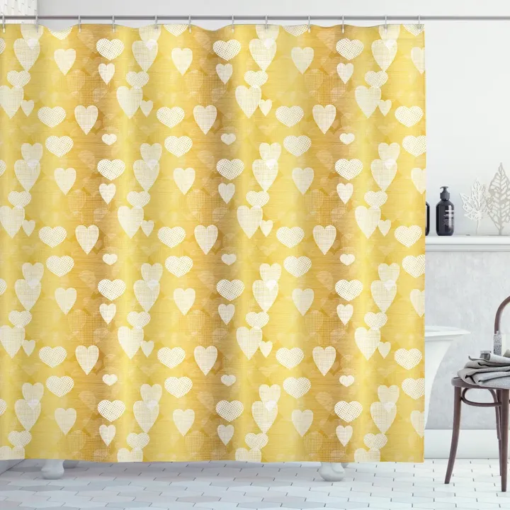 Shape Hatched Hearts Yellow Pattern Printed Shower Curtain Home Decor
