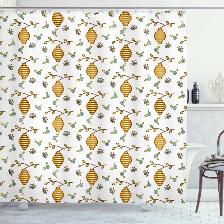 Graphic Vespiary Theme Bee Pattern Printed Shower Curtain Home Decor