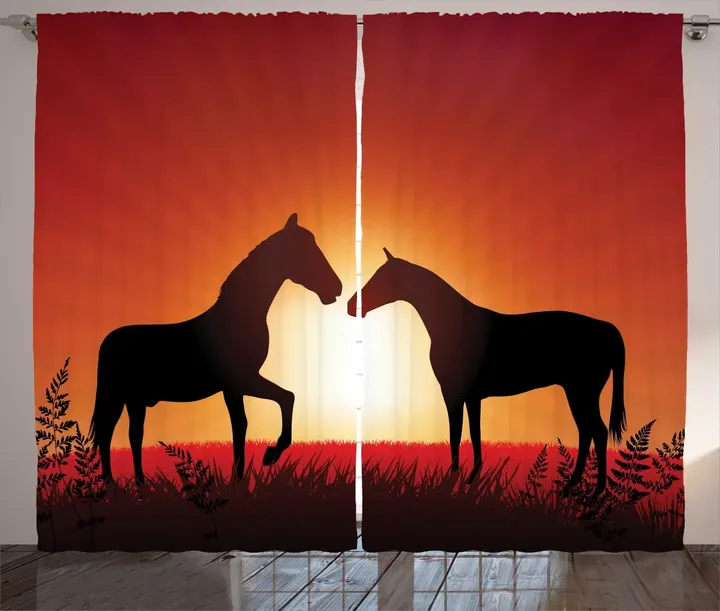 Horses Silhouette On Sunset Printed Window Curtain Door Curtain