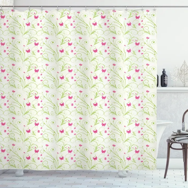 Curvy Stems Petals Bloom Pattern Printed Shower Curtain Home Decor