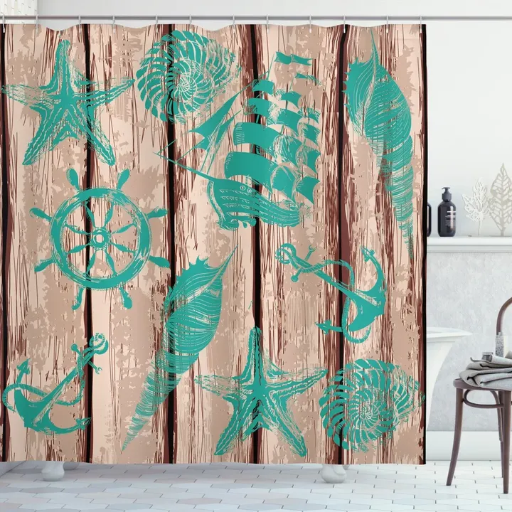 Shell Helm And Ship On Wood Pattern Printed Shower Curtain Home Decor