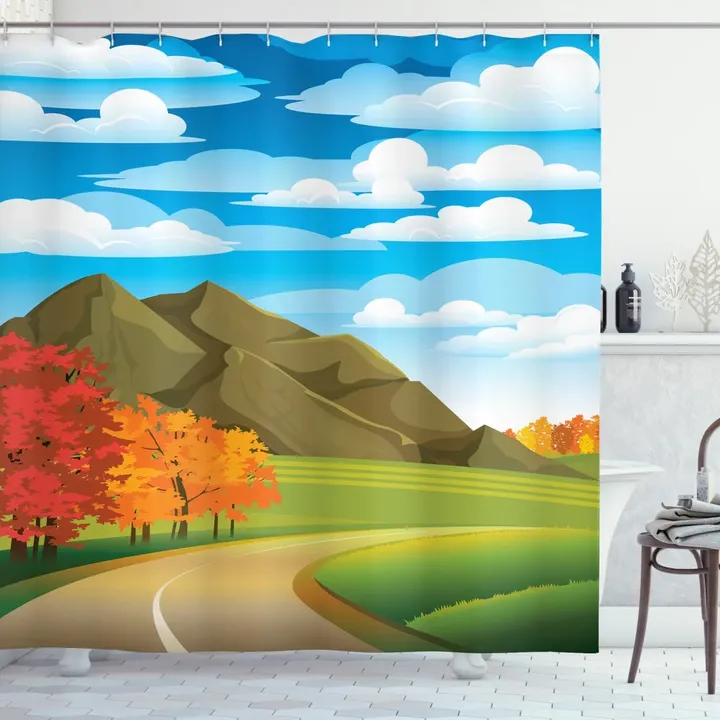 Autumn Road Trees Leaves Pattern Printed Shower Curtain Home Decor