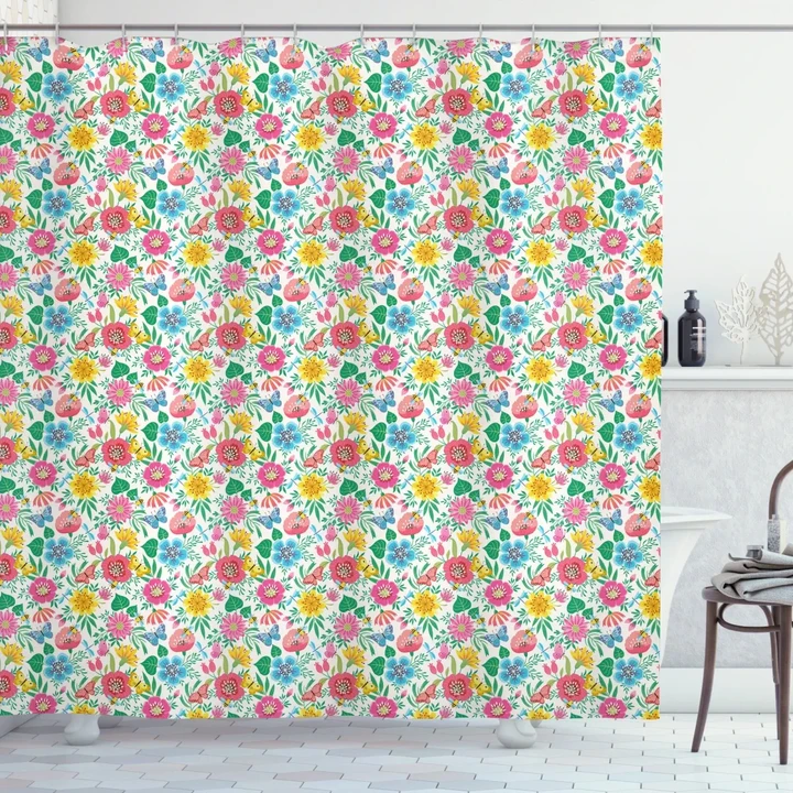 Butterflies And Bees Colorful Pattern Printed Shower Curtain Home Decor