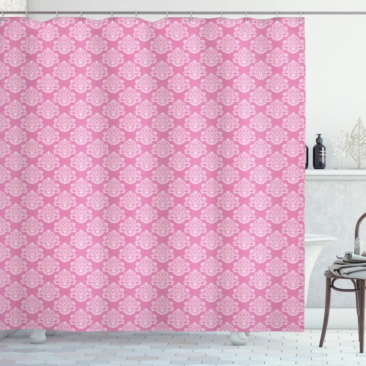 Intricate Damask Motifs Pink Pattern Printed Shower Curtain Home Decor