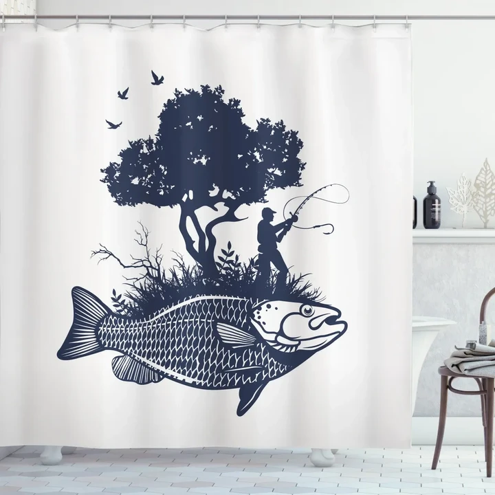 Man On Fish Island Tree Birds Pattern Printed Shower Curtain Home Decor