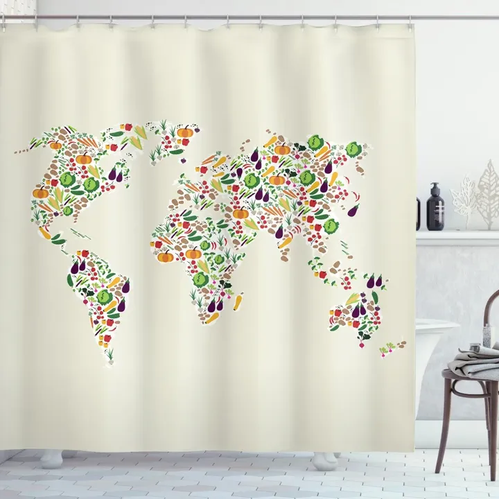 Vegetable Map Of World Colorful Pattern Printed Shower Curtain Home Decor
