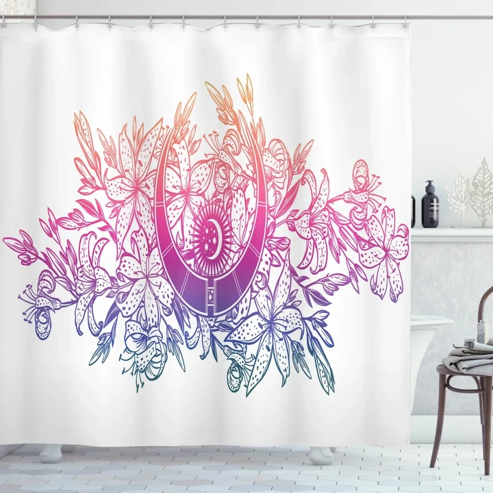 Lily Flowers And Crescent Pattern Printed Shower Curtain Home Decor