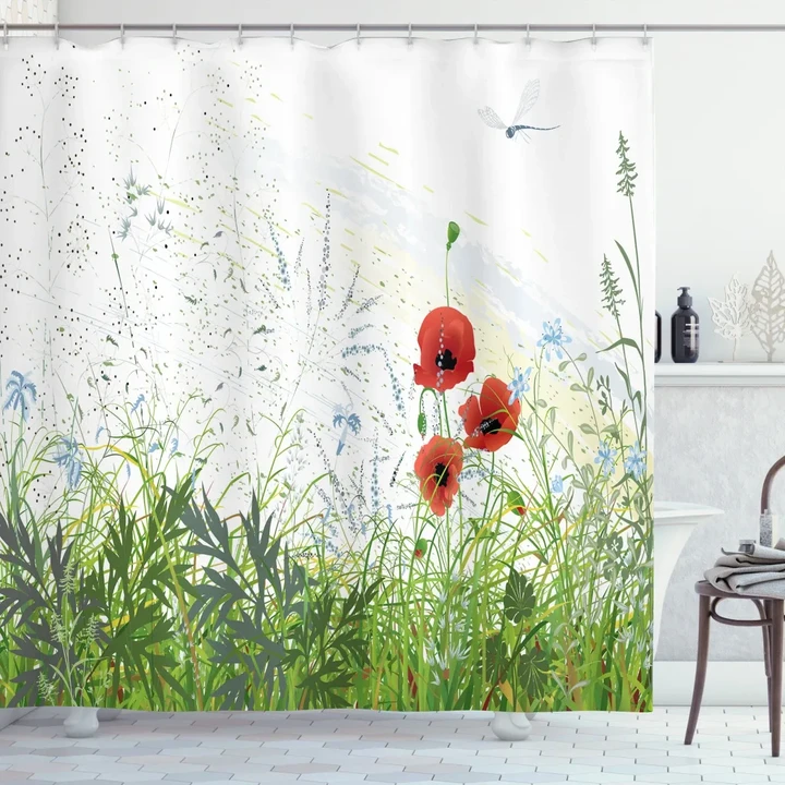 Red Poppies Dragonfly Green Pattern Printed Shower Curtain Home Decor