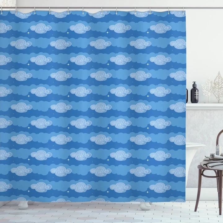 Sky With Clouds Doodle Blue Pattern Printed Shower Curtain Home Decor