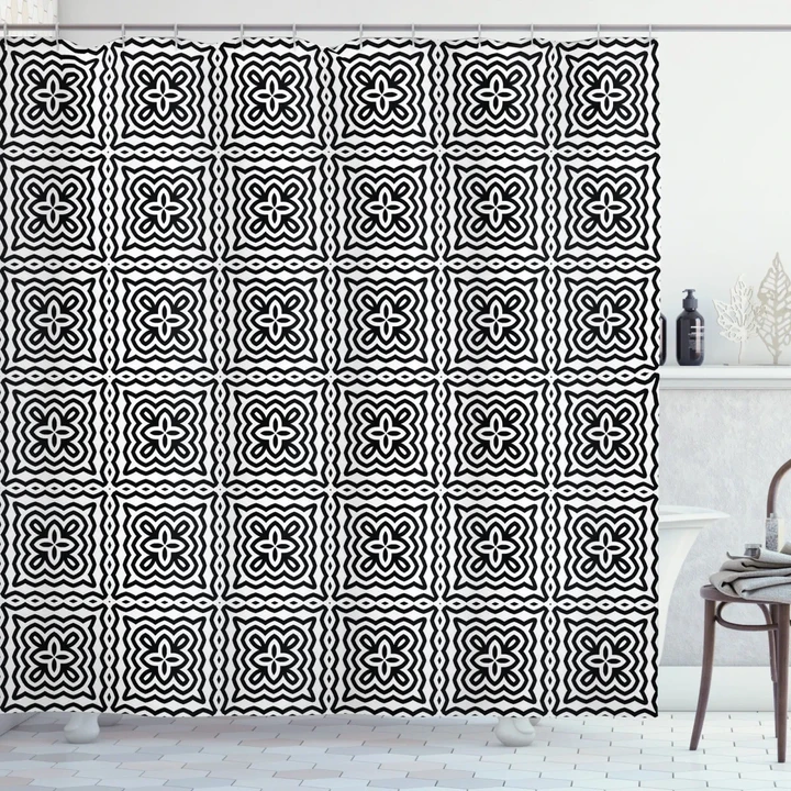 Motifs In Squares Black Pattern Printed Shower Curtain Home Decor