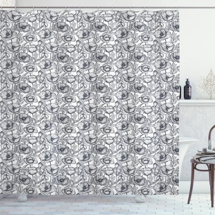 Monochrome Poppy Sketch Art Pattern Printed Shower Curtain Home Decor