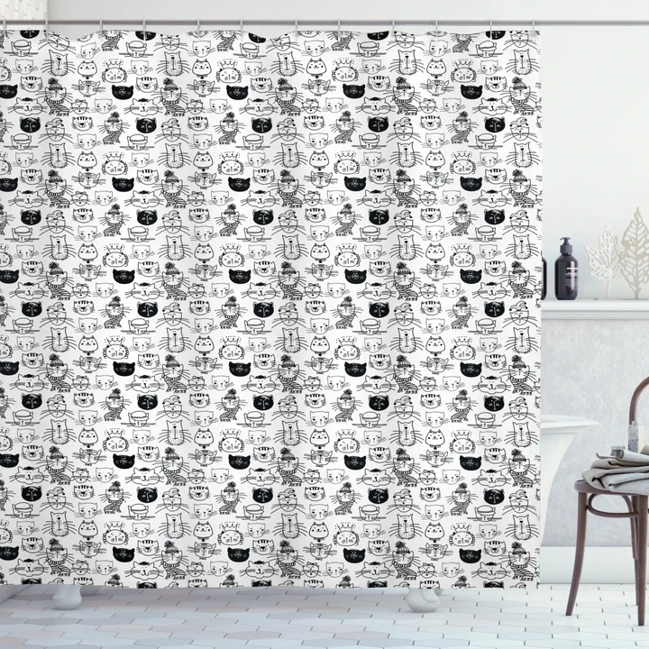 Comic Doodle Cats Hipster Pattern Printed Shower Curtain Home Decor