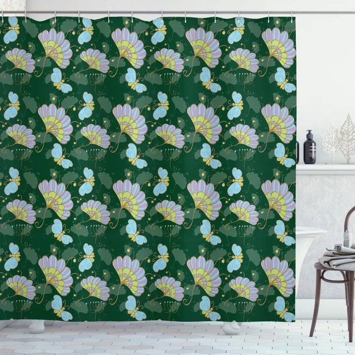Cartoonish Flowers Butterfly Printed Shower Curtain Home Decor