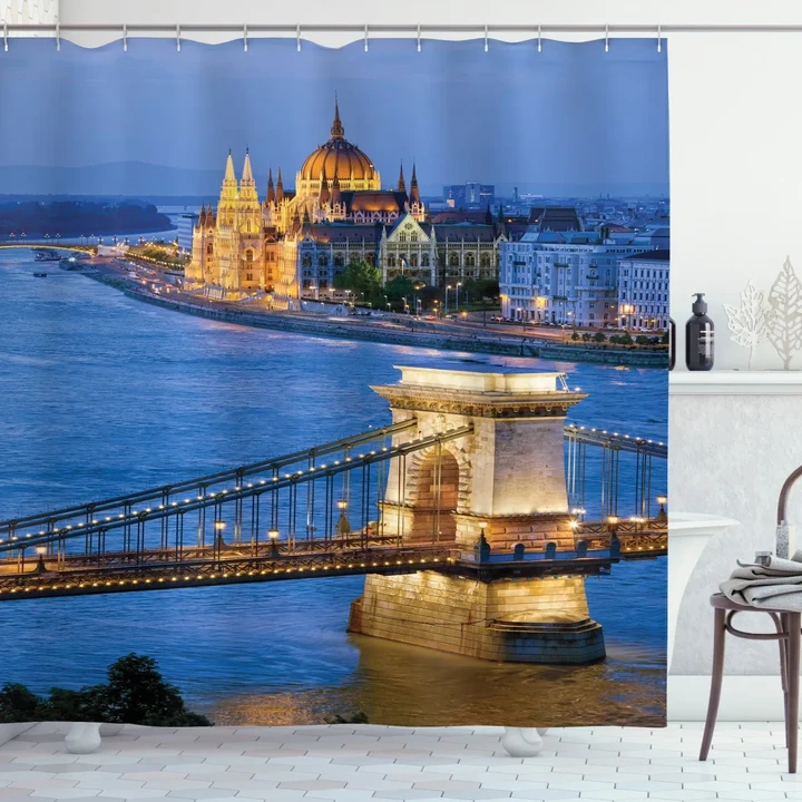 River Of Budapest Bridge Pattern Printed Shower Curtain Home Decor