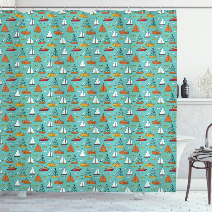 Sea Transport Ships Boats Pattern Printed Shower Curtain Home Decor