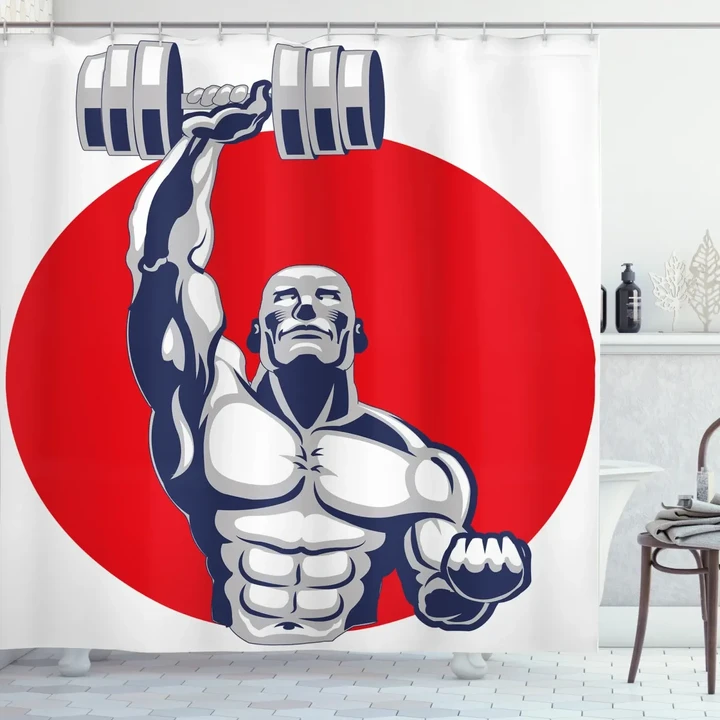 Muscular Man Lifting Shower Curtain Shower Curtain