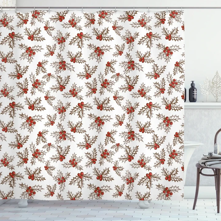 Holly Berries Leaves Shower Curtain Shower Curtain