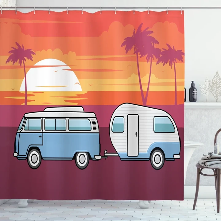 Retro Van Tropical Sunset Beach Shower Curtain Shower Curtain