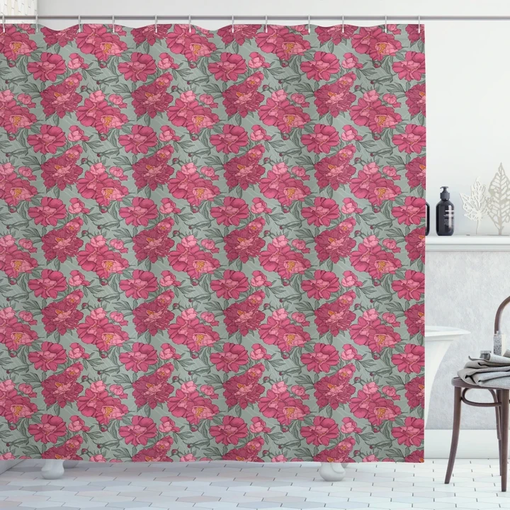 Budding Peony Flowers Leaves Shower Curtain Shower Curtain