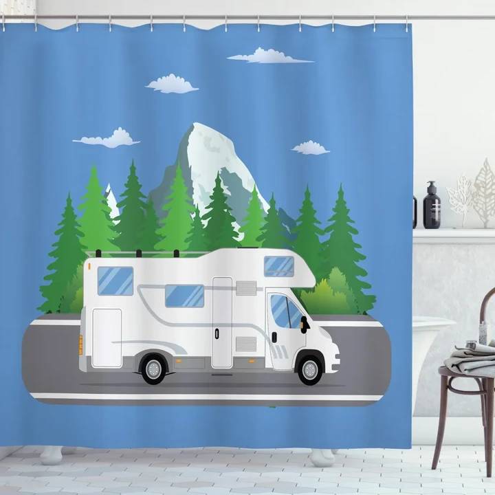 Retro Trailer On Road Forest Shower Curtain Shower Curtain