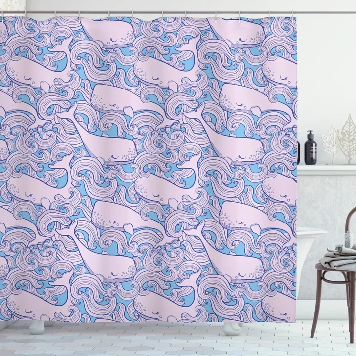 Wavy Motifs And Happy Fish Shower Curtain Shower Curtain
