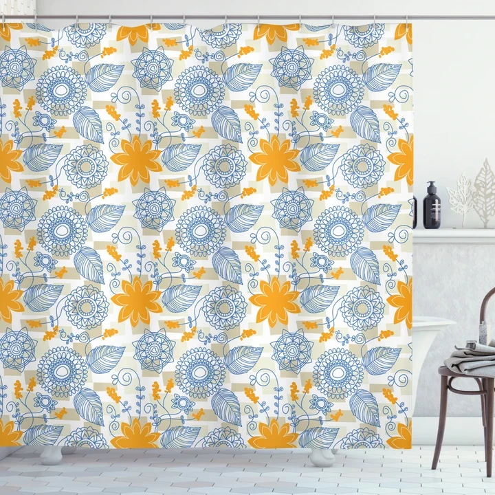Blue Flowers And Leaves Shower Curtain Shower Curtain