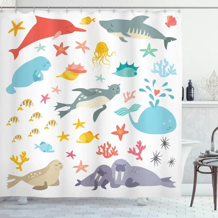 Colorful Ocean Animals Shower Curtain Shower Curtain