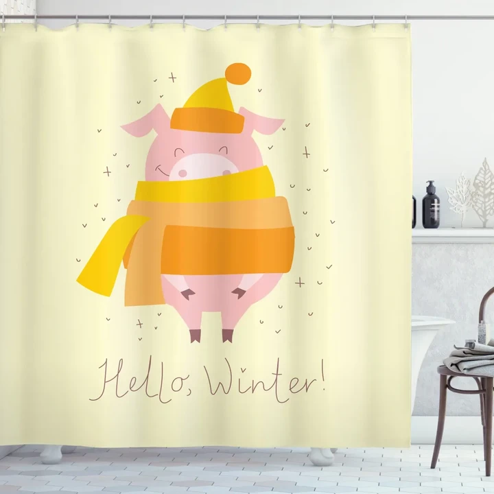Hello Winter Typography Animal Shower Curtain Shower Curtain
