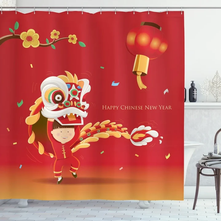 Little Boy Lion Dance Shower Curtain Shower Curtain
