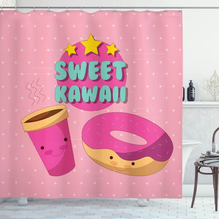 Kawaii Donut Coffee Shower Curtain Shower Curtain