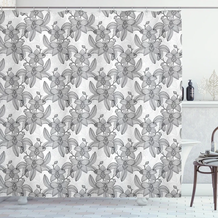 Monochrome Art With Buds Shower Curtain Shower Curtain