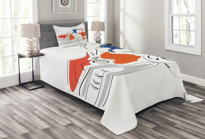 Woman Sketch In Polka Printed Bedspread Set Home Decor