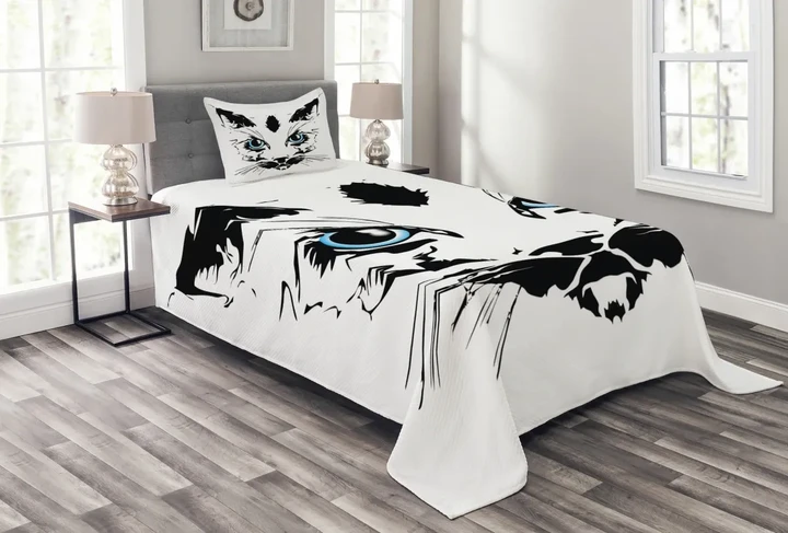 Big Cat Face Pet Sketchy Printed Bedspread Set Home Decor