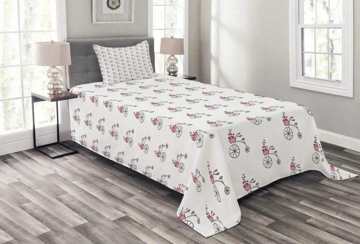 Penny Farthing Hearts Pattern Printed Bedspread Set Home Decor