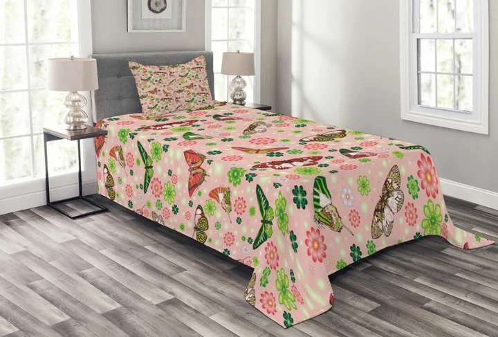 Butterflies Shamrocks Colorful Pattern Printed Bedspread Set Home Decor