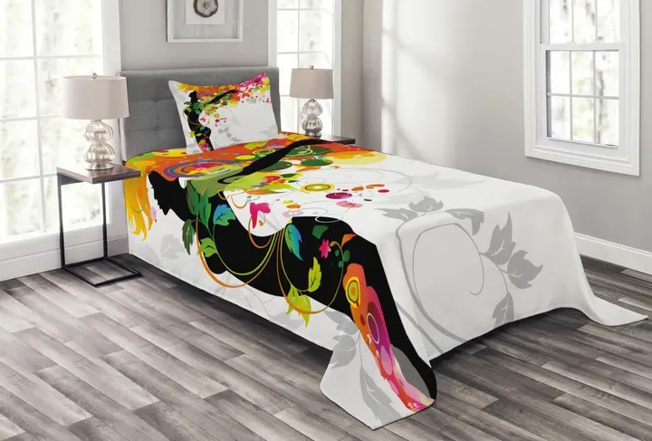 Vibrant Haired Woman Pattern Printed Bedspread Set Home Decor