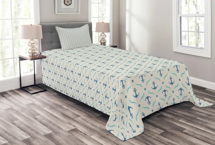 Yachting Waves Stars Pattern Printed Bedspread Set Home Decor