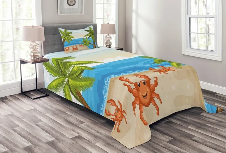 Palm Trees And Crabs Printed Bedspread Set Home Decor
