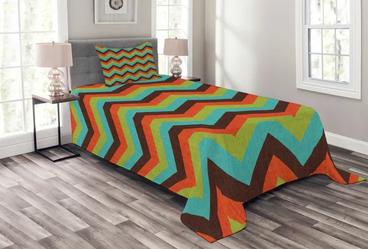 Royal Colorful Zigzag Pattern Printed Bedspread Set Home Decor