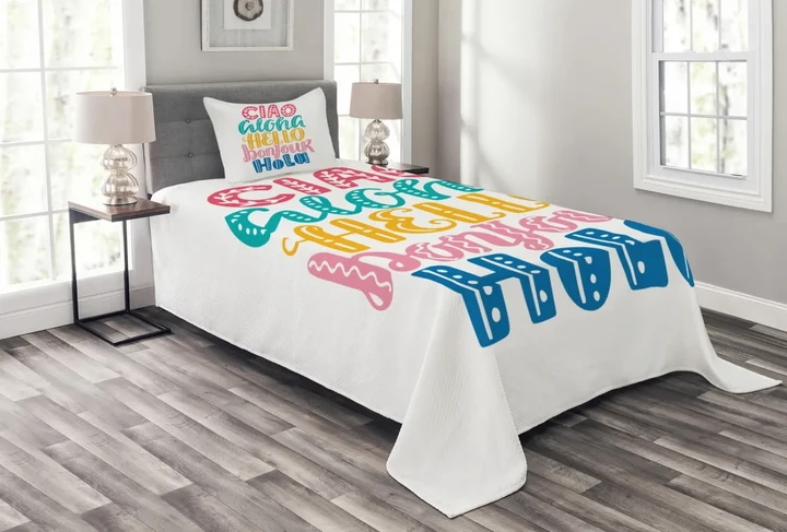 Hello Different Languages Printed Bedspread Set Home Decor