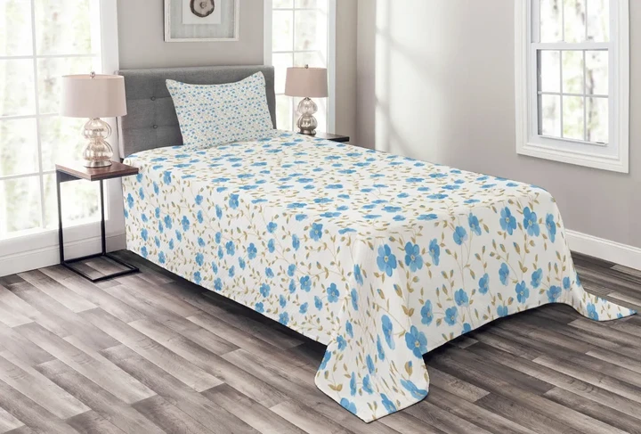 Field Flowers Swirls Blue Pattern Printed Bedspread Set Home Decor