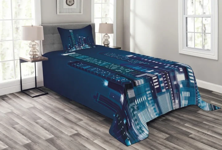 Night View Of Metropolis Pattern Printed Bedspread Set Home Decor