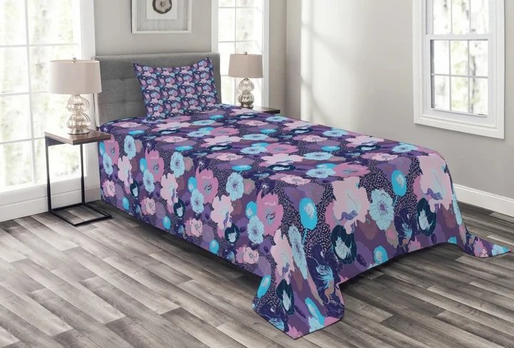 Fantasy Peony Hibiscus Purple Pattern Printed Bedspread Set Home Decor