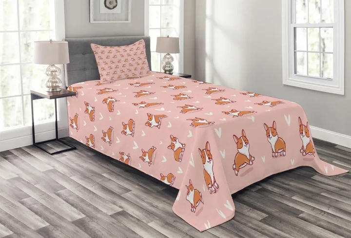 Little Corgis Heart Cute Pattern Printed Bedspread Set Home Decor