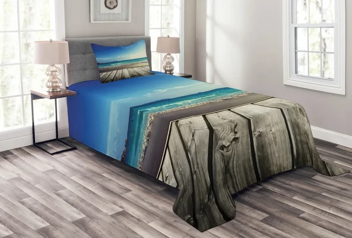 Weathered Beach Waves Pattern Printed Bedspread Set Home Decor