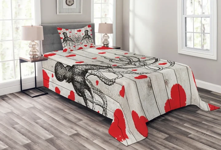 Octopus Sketch And Hearts Pattern Printed Bedspread Set Home Decor