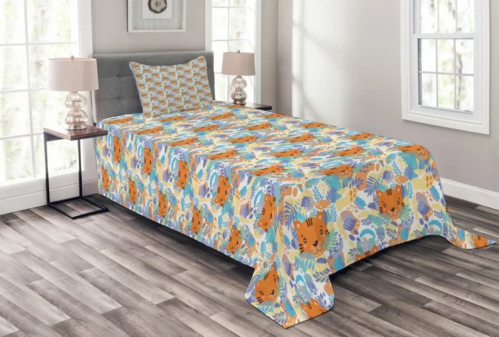 Tigers And Leafy Branches Pattern Printed Bedspread Set Home Decor